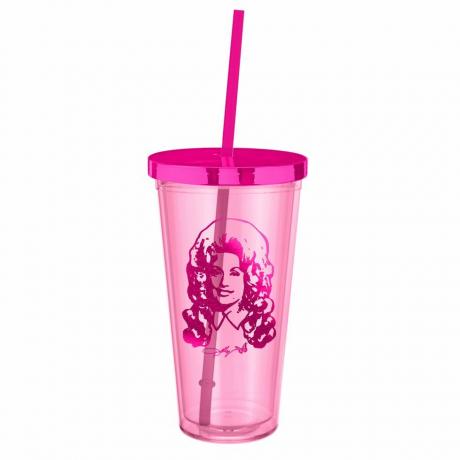 Dolly Parton Rožinė plastikinė stiklinė su šiaudeliais