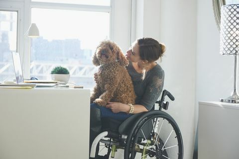 kaukazietiška moteris invalido vežimėlyje su šunimi juostelėje