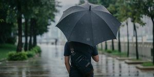 Išmanaus priežastinio vyro, laikančio skėtį ir vaikštančio po parką lietingame miesto mieste, vaizdas iš galo