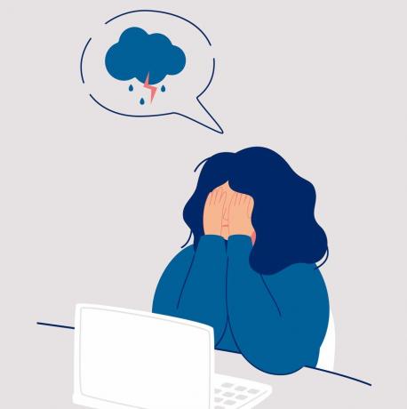 jauna moteris verkia prisidengusi veidą rankomis sėdi po lietingu ir audringu debesiu mergina jaučia galvos skausmą ir depresiją verkia emocijos sielvartas vektorinė iliustracija, izoliuota iš balto fono