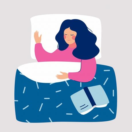 moteris naktį miega savo lovoje su atvira vektorine iliustracija