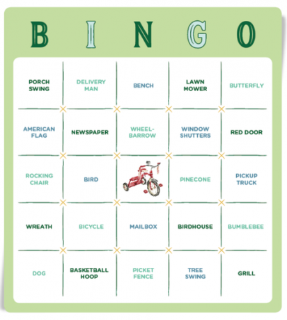 bingo žaidimas su įvairiais daiktais, kuriuos galima pastebėti apylinkėse, nuo raudonų durų iki medžio sūpynių