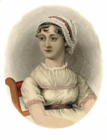 Jane Austen. Anglų rašytojos Jane Austen portretas 1775–1817. Graviravimas, 1870 m.