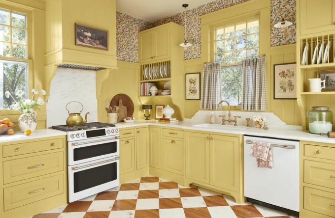 geltona britų įkvėpta sodybos virtuvė