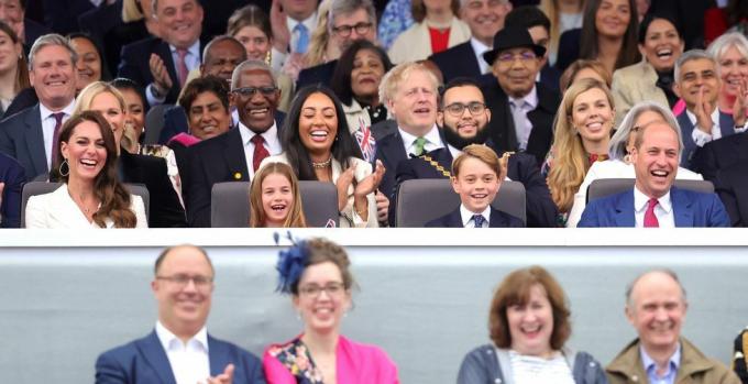 Londonas, Anglija birželio 04 d. l r Catherine, Kembridžo hercogienė, Kembridžo princesė Šarlotė, Kembridžo princas Džordžas, Princas Viljamas, Kembridžo hercogas laikrodis Padingtono lokys ir karalienė ekrane per platinos vakarėlį rūmuose priešais Bekingemo rūmus 2022 m. birželio 4 d. Londone, Anglijos platinos Elžbietos II jubiliejus švenčiamas nuo 2022 m. birželio 2 d. iki birželio 5 d. Jungtinėje Karalystėje ir Sandraugoje, minint karalienės Elžbietos įstojimo 70-ąsias metines. ii 1952 m. vasario 6 d. chriso jacksono nuotrauka wpa poolgetty images 2022 m. birželio 4 d. Londone, Anglijoje platininis Elizabeth ii jubiliejus švenčiamas nuo š. 2022 m. birželio 2 d.–birželio 5 d. Jungtinėje Karalystėje ir Sandraugoje, minint karalienės Elizabeth II įstojimo 70-ąsias metines 1952 m. vasario 6 d., chriso jacksongettyo nuotrauka vaizdai
